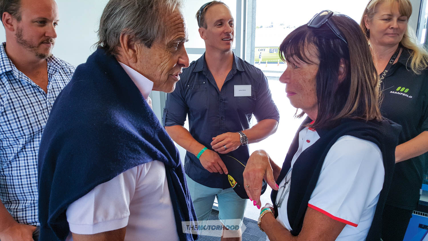 Jacky Ickx meets Tish Amon. In the background are Amon twins Alex and James and Manfeild CEO, Julie Keane