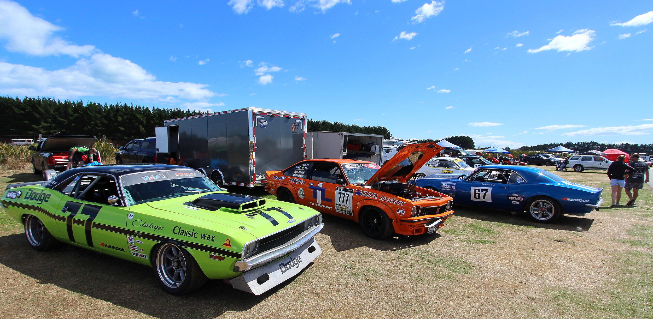  Classic saloons with Duane Ingley’s (Queenstown) Dodge Challenger (#77) and Ross Graham’s (New Plymouth) Holden Torana (#777) and Rick van Swet’s (Auckland) Chevrolet Camaro (#67) 